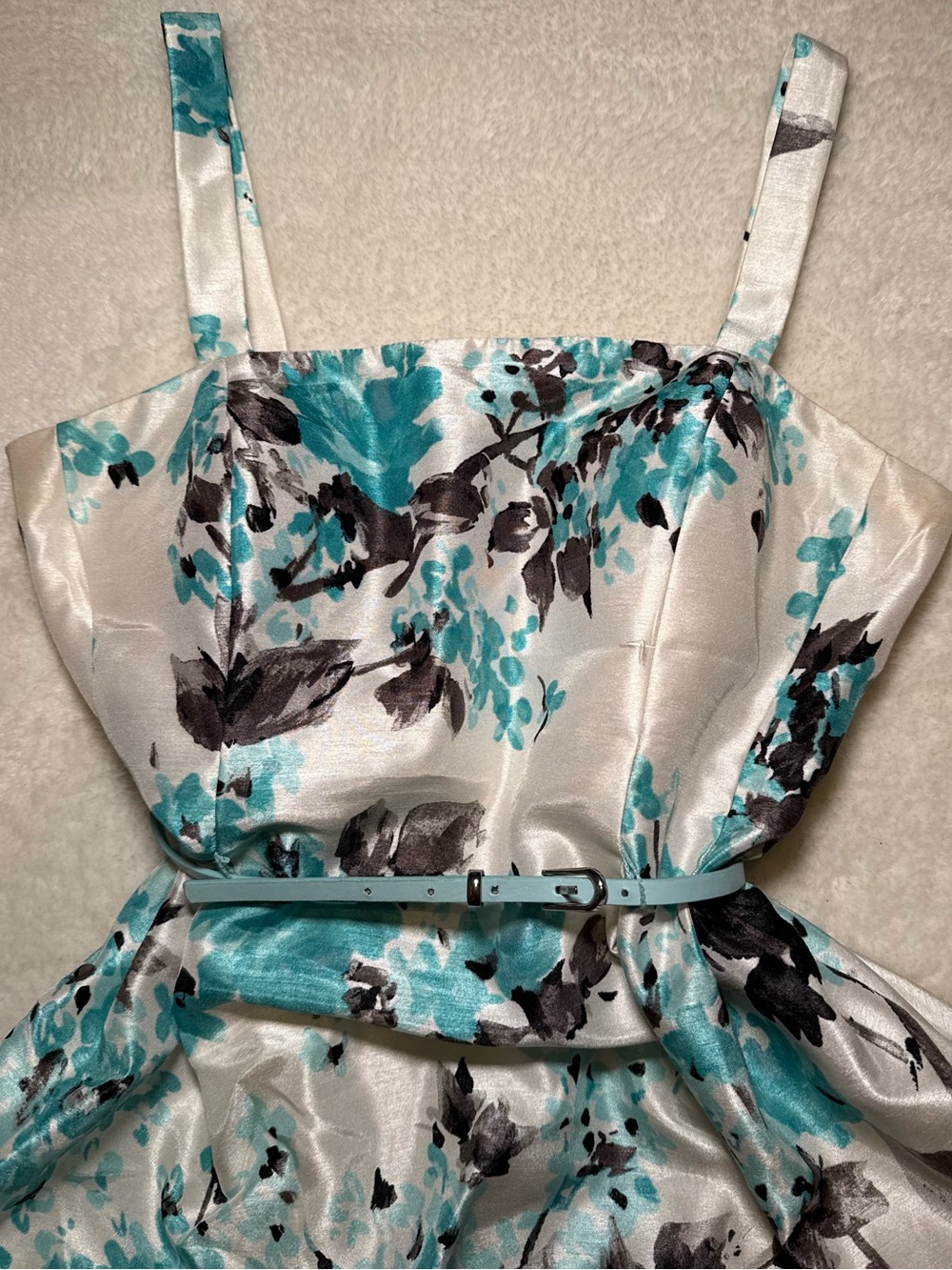 Laura Petites Floral Satin Fit & Flare Dress with Belt | Size 12P - Picture 5 of 10